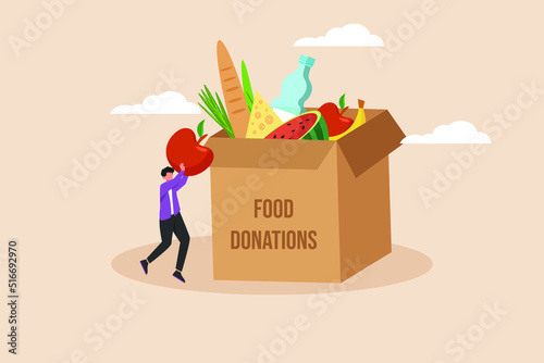 Volunteer tiny male boxing groceries for homeless and poor people. Charity day concept. Flat vector illustration isolated.
