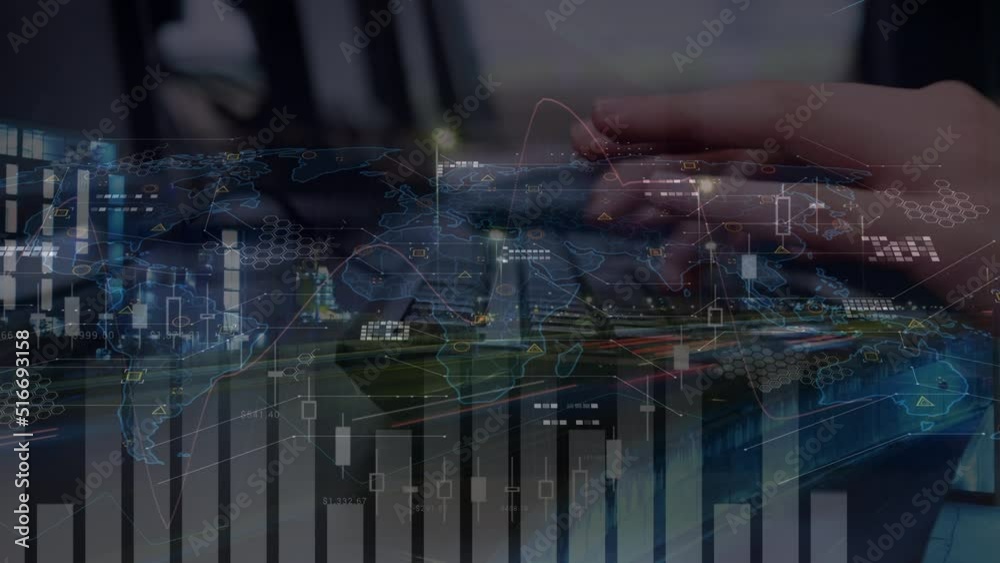 Animation of world map with data processing and cityscape over hands typing on keyboard Animation of world map with data processing and cityscape over hands typing on keyboard