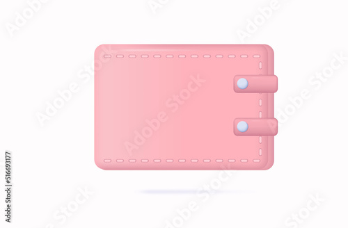 Wallet icon 3d. Pink purse with currency and money. Personal accessory for safe storage of cash and purchases. The concept of solvency, secure storage of finances. Pocket wallet. Vector illustration.