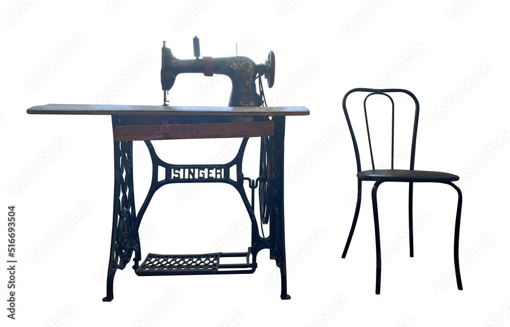 Vintage sewing machine zinger and metal black chair isolated on white
