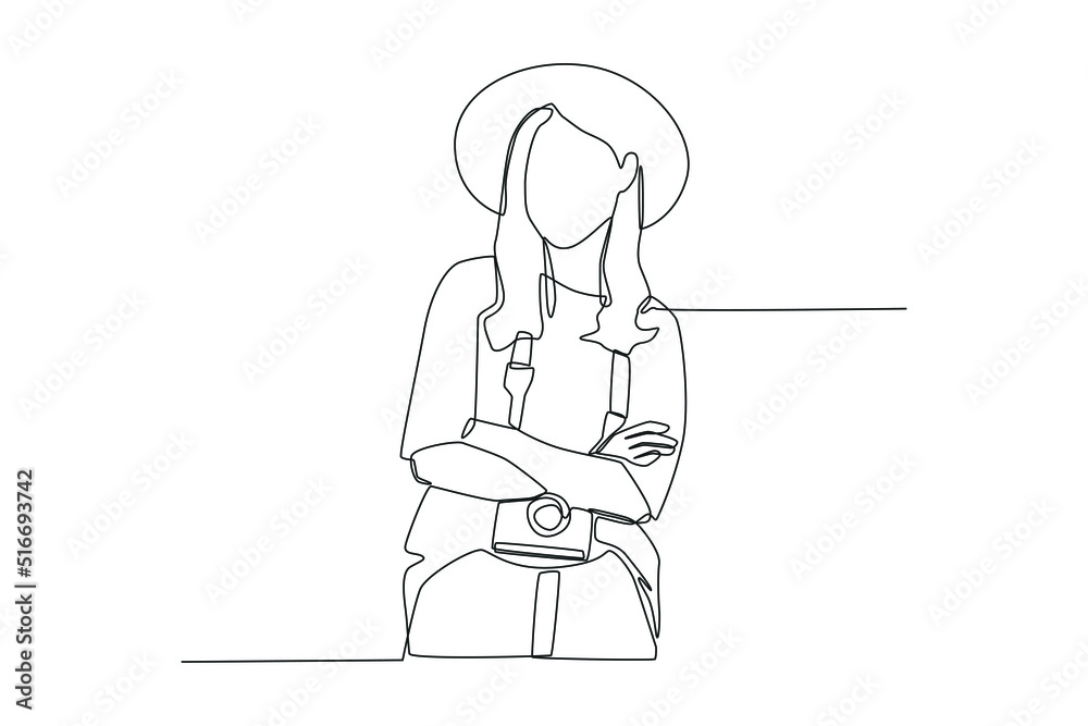 Continuous one line drawing young woman with hat standing with photo camera. World tourism day concept. Single line draw design vector graphic illustration. Continuous one line drawing young woman with hat standing with photo camera. World tourism day concept. Single line draw design vector graphic illustration.