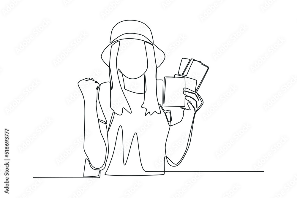 Continuous one line drawing happy girl holding passport with flight tickets. World tourism day concept. Single line draw design vector graphic illustration. Continuous one line drawing happy girl holding passport with flight tickets. World tourism day concept. Single line draw design vector graphic illustration.