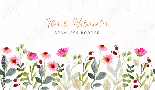 pink green floral watercolor seamless border