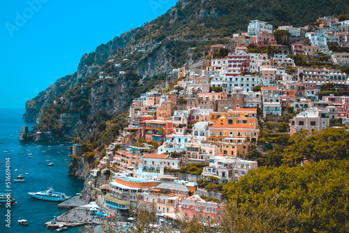 Postcard of the houses of Positano, Italian village in summertime