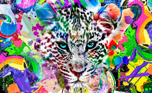 leopard head with creative abstract elements on colorful background