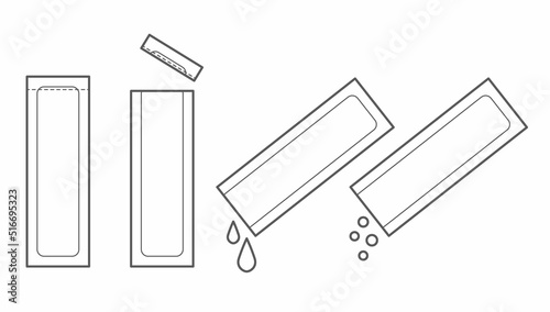 Set of sachet icons. Stick packaging template for sugar, pepper, souse, medicine, tissue and food. Vector