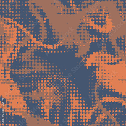 Digital dot half tone black and orange camouflage, seamless pattern. Urban clothing style, masking dotty camo repeat print. Vector texture