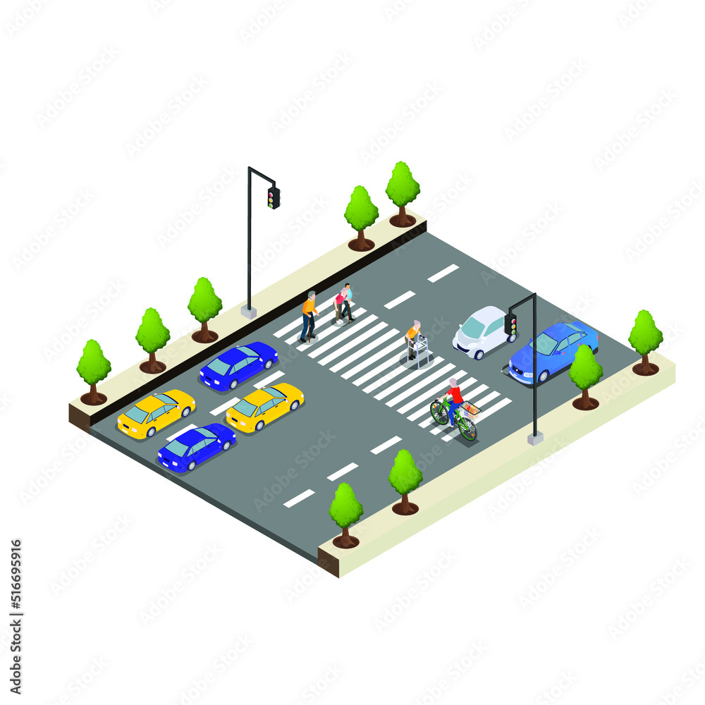 Crowded road with a zebra crossing isometric 3d vector illustration concept for banner, website, illustration, landing page, flyer, etc. Crowded road with a zebra crossing isometric 3d vector illustration concept for banner, website, illustration, landing page, flyer, etc.