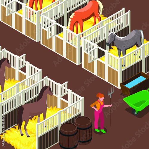 Woman taking care of a horse stable isometric 3d vector illustration concept for banner, website, illustration, landing page, flyer, etc.