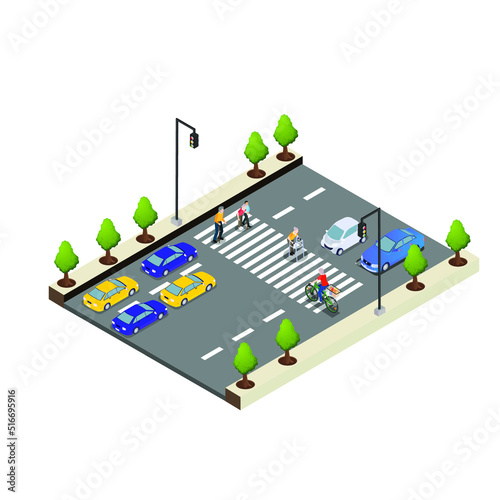 Crowded road with a zebra crossing isometric 3d vector illustration concept for banner, website, illustration, landing page, flyer, etc.
