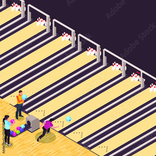 Group of friends go bowling isometric 3d vector illustration concept for banner, website, illustration, landing page, flyer, etc.