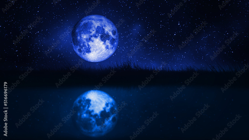full moon and grassland and at nightscape full moon and grassland and at nightscape