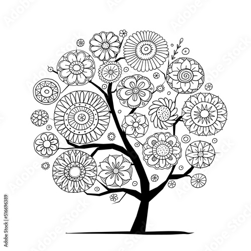Fairy floral mandalas. Magic garden art. Concept tree for your design. Colour...