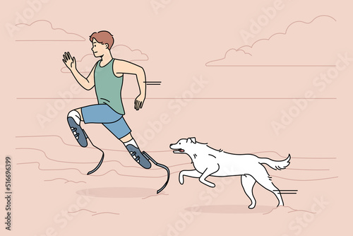 Athlete with prostheses running with dog on beach. Man with prosthetic legs training jogging with pet outdoors. Sport and disability. Vector illustration. 