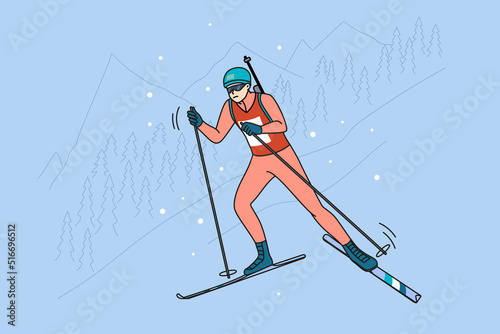 Man athlete in outerwear take part in biathlon competition in winter mountains. Sportsman ski participate in race. Sport and competition concept. Vector illustration. 