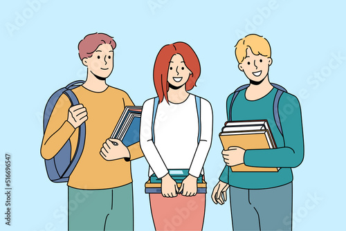 Portrait of smiling students with book and backpacks satisfied with education course. Happy people with textbooks at college or university. Vector illustration. 