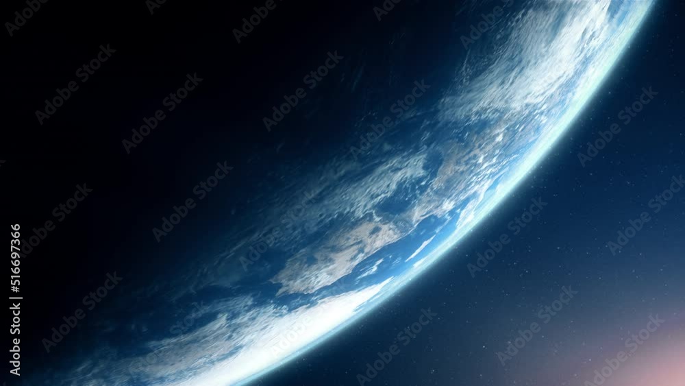 A cinematic rendering of planet Earth during sunrise as view from space with vibrant blue sky atmosphere
