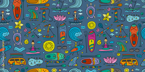 SUP boarding seamless pattern. Stand up paddling background for your design. People on paddle boards and equipment