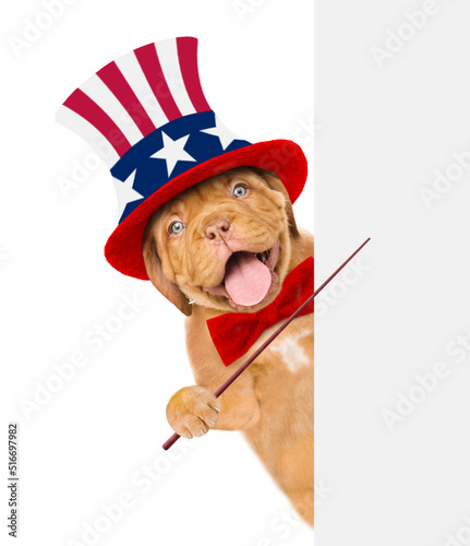 Happy Mastiff puppy wearing like Uncle Sam points on empty white banner. isolated on white background © Ermolaev Alexandr