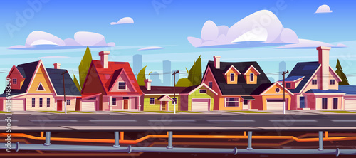 Suburb houses and underground pipeline. Sewer and plumbing system under city street. Vector cartoon illustration of landscape with suburban cottages, pipes with water and drainage