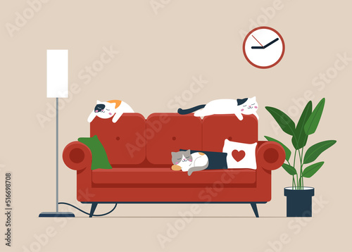Cats sleeping on a red sofa. Freelance or studying concept. Cute illustration in flat style.