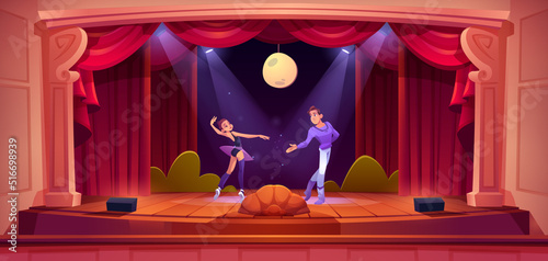 Ballet dancers perform on theater scene. Ballerina and man artist wear artistic costumes dance on classic stage with red curtains, spotlights, moon and wooden floor, Cartoon vector illustration