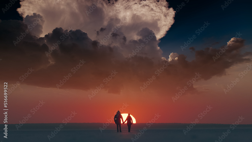 The two travelers walking through the arctic snowy field on sunset background