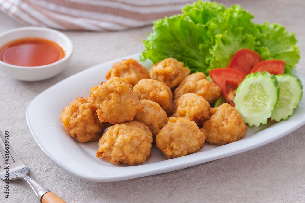Deep fried shrimp ball and vegetable on plate Deep fried shrimp ball and vegetable on plate
