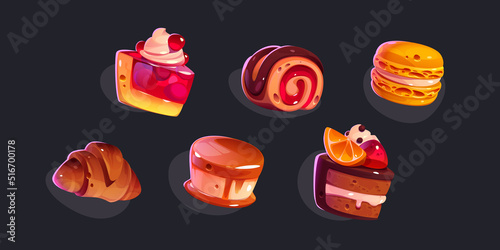 Game icons cakes, sweets and desserts. Cartoon 2d ui graphic elements, pastry, macaroons, roll and croissant, panna cotta with caramel topping, chocloate, berries and fruits isolated vector set