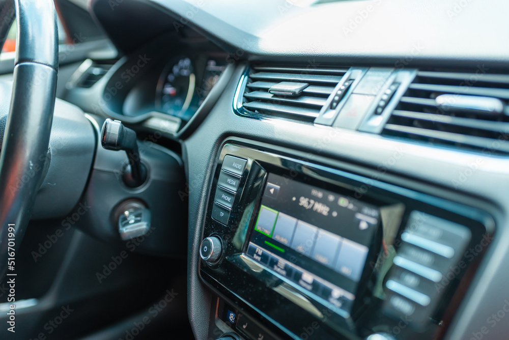 Driver's seat of the car.interior car. open car doors.Close up.