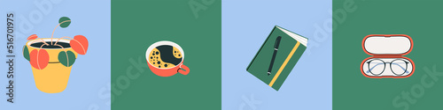 Set of hand drawn desktop items for icons, logos, stickers. icons. Мector flat line illustration in a modern style plant in vase, notepad with pen, coffee cup, glasses in a case. Work space, leisure 