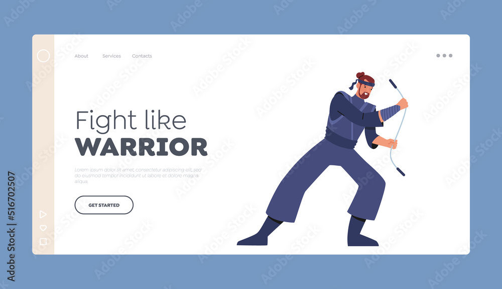 Combat, Martial Arts, Sports Competition Landing Page Template. Young Man Wearing Uniform Presenting Fight with Nunchaku