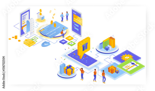 Online shopping, mobile banking, electronic payment with credit card. Gift card, coupon, discounts, vector illustration.