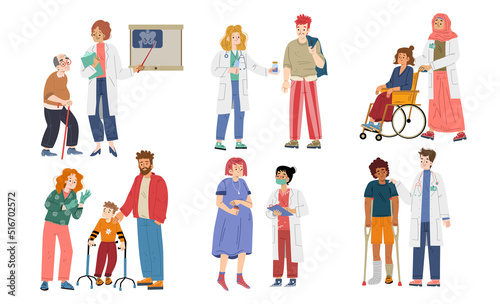 Patients at doctor appointment, pediatrics, traumatology or gynecology medics communicate with injured people. Child on crutches, old man hip joint sickness, pregnant woman, Line art flat vector set