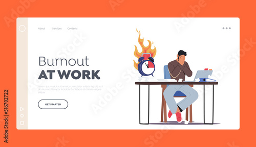 Burnout at Work Landing Page Template. Overloaded Male Office Employee Character Sitting at Workplace with Computer