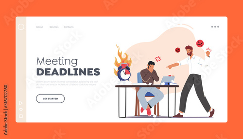 Deadline in Office Landing Page Template. Angry Boss Character Yell at Office Employee. Worker Sitting at Desk with Pc