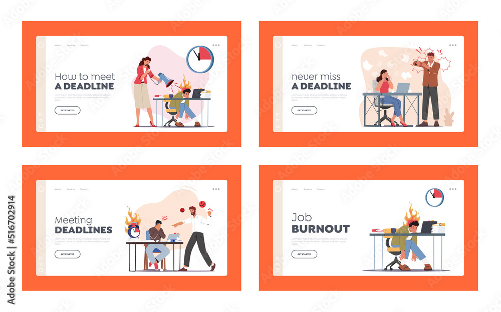 Deadline, Lack of Time, Stress in Office Landing Page Template Set. Boss Scold and Rebuking Incompetent Employees Deadline, Lack of Time, Stress in Office Landing Page Template Set. Boss Scold and Rebuking Incompetent Employees