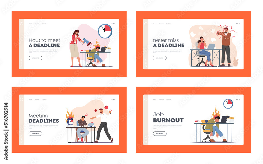 Deadline, Lack of Time, Stress in Office Landing Page Template Set. Boss Scold and Rebuking Incompetent Employees