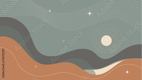Abstract contemporary landscape poster. Modern boho background set with moon mountains, minimalist wall decor. Vector art print.