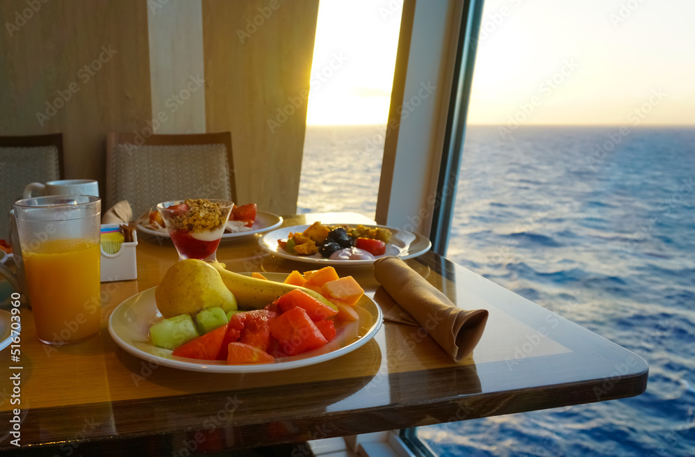 Dining Room Buffet aboard the abstract luxury cruise ship.