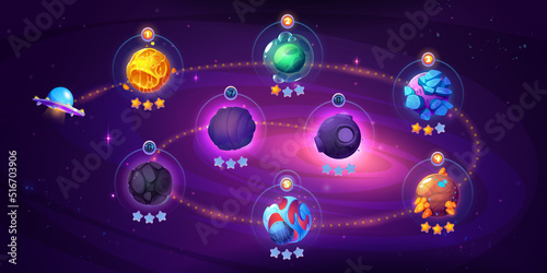 Space game level map with spaceship and alien planets. Cartoon 2d gui computer or mobile arcade with ufo saucer travel in cosmos and bonus stars. Cosmos, universe futuristic trip, vector illustration