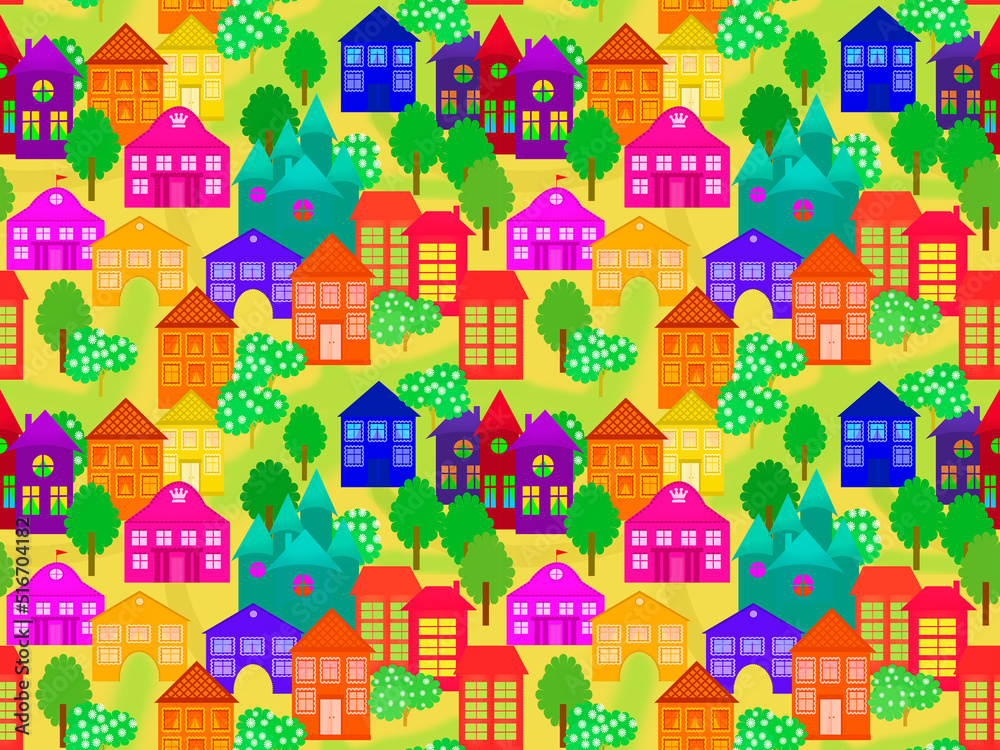 Seamless pattern with colorful houses in a fairytale city with green streets and trees.
