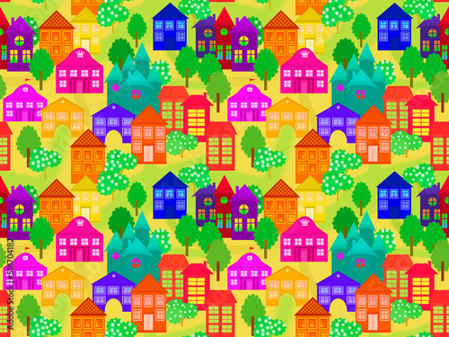 Seamless pattern with colorful houses in a fairytale city with green streets and trees.