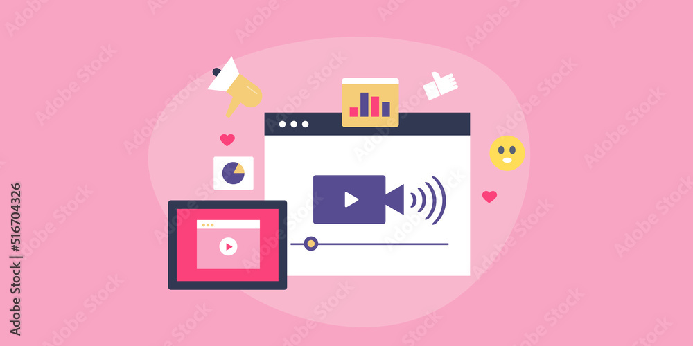 Video creation management and marketing concept, digital content software working on internet platform, social media concept, web banner template. Video creation management and marketing concept, digital content software working on internet platform, social media concept, web banner template.