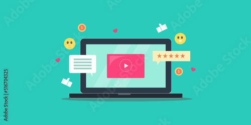 Flat design concept of video marketing, viral video content, social media video, internet communication message vector illustration, web banner.