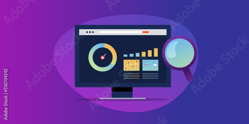 Illustration concept of website loading speed test, software testing performance data showing on dashboard screen, web banner.