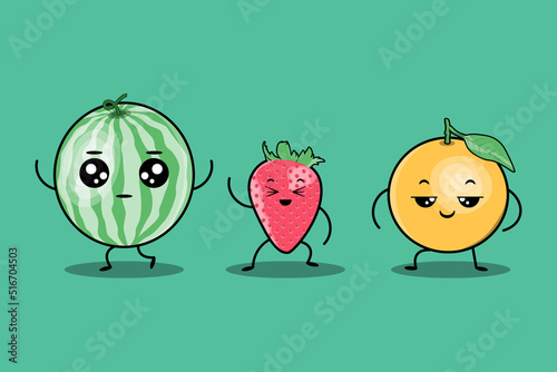 cute colorfull kawaii fruits cartoon characters vector set with many expression