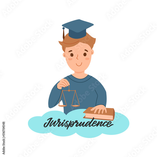 This is a cartoon boy student who holds the scales on jurisprudence and studies the laws. School illustration