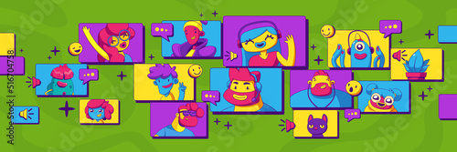 Online video call with friends or team. Vector flat illustration of virtual meeting with men and women, monsters, cat and plant in contemporary art style. Video chat face masks