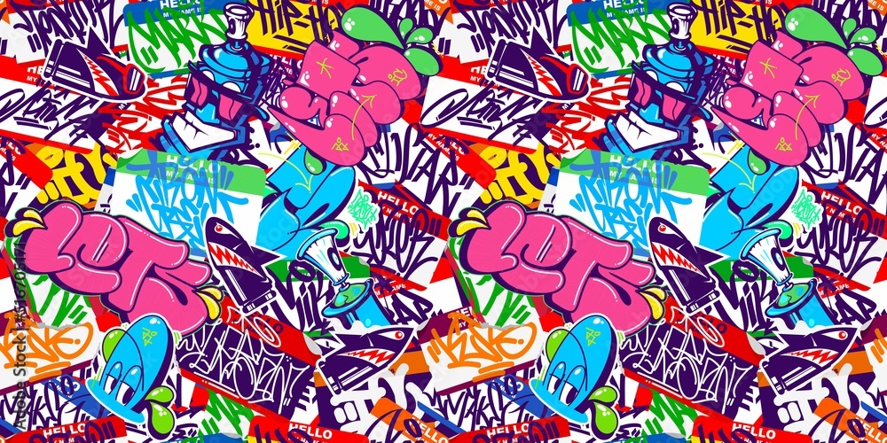 Seamless Abstract Colorful Urban Graffiti Style Sticker Bombing Hello
